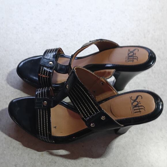 Sofft Leather Strappy Slide Heels 8.5 Black Patent Leather Comfort Wood Heel - Picture 8 of 9